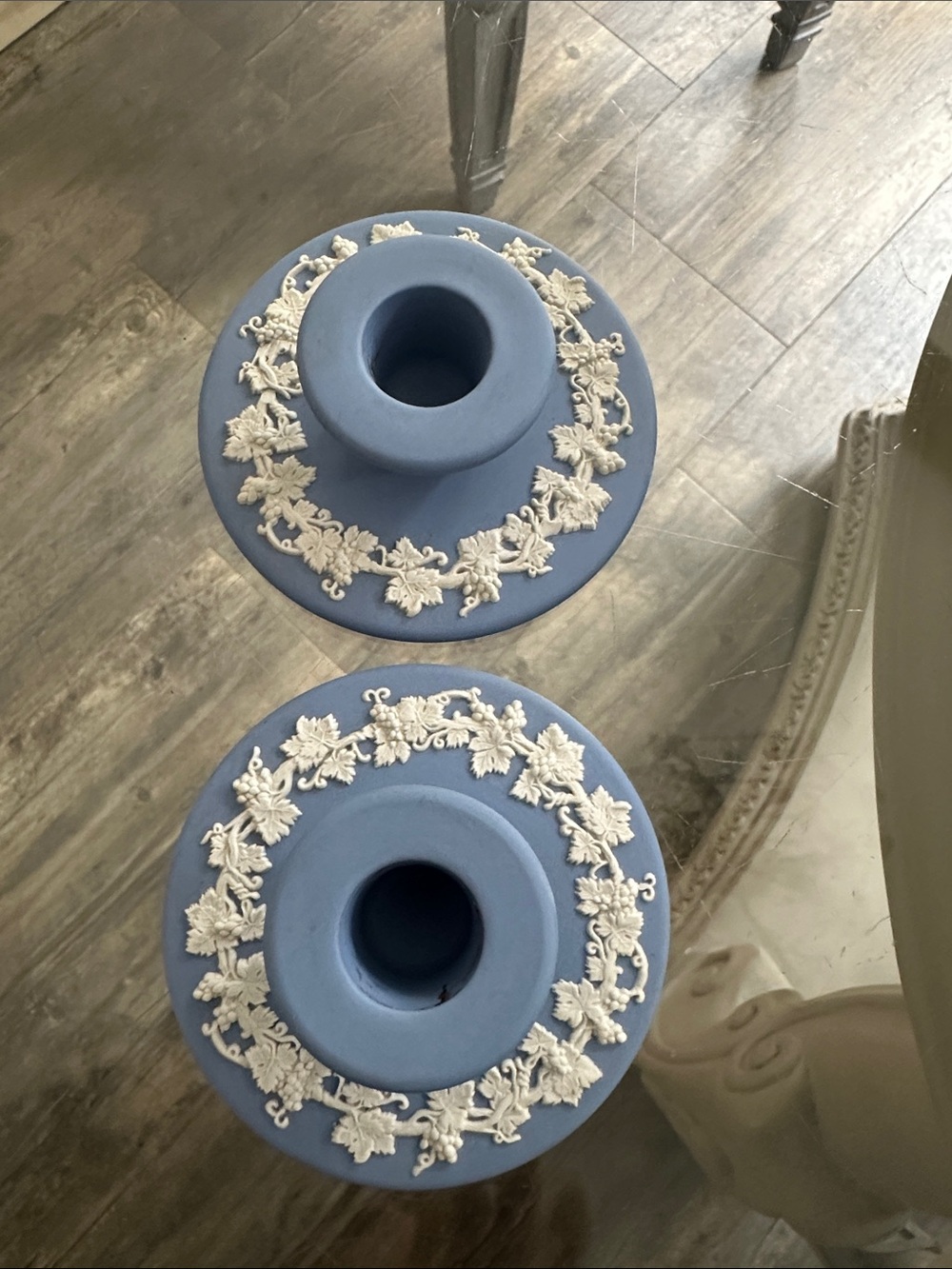 Wedgwood Blue Jasperware-Style Candle Holders with White Relief